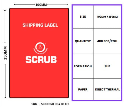 Scrub®100mm x 150mm,Direct Thermal Barcode Label Sticker,400 Labels,1inch core