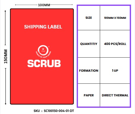 Scrub®100mm x 150mm,Direct Thermal Barcode Label Sticker,400 Labels,1inch core
