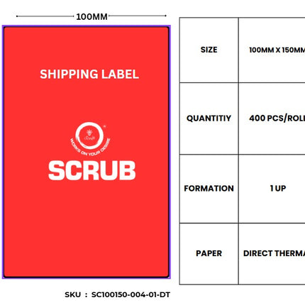 Scrub® Barcode Label 4X6 Inches (100X150 mm),1Up,400 Labels per Roll