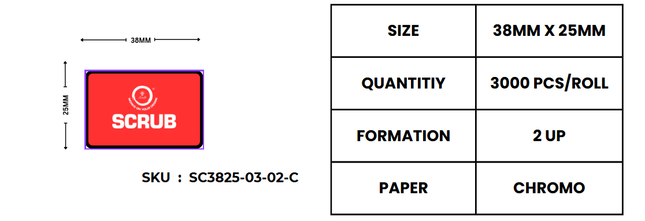 Scrub® 38x25mm Blank Labels,2UP Per Row Scrub Chromo, Thermal Transfer Barcodes, 3000 Labels in roll