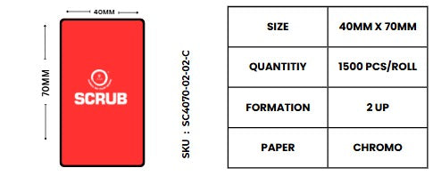 Scrub® 40x70mm Barcode Blank Label,2UP Per Row,Chromo,1500 Labels in roll,1inch core