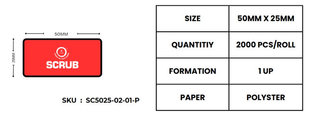 Scrub® 50X25mm Barcode Blank Label,1UP Per Row,Polyster,2000 Labels in roll Non Tearable PVC Label