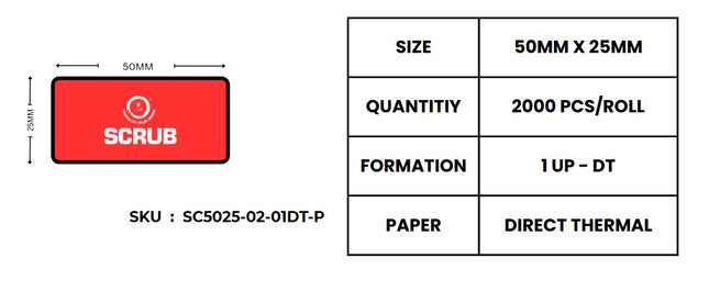 Scrub® 50x25mm Barcode Blank Label,1UP Per Row,Direct Thermal,2000 Labels in roll