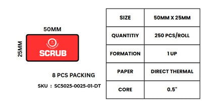 Scrub® Barcode Label 50X25 1UP 250PCS DIRECT THERMAL(8P PACK) for Mobile Portable Printer