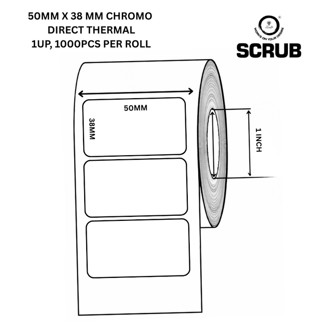 Scrub 50X38mm Barcode Blank Labels,1UP Per Row,DirectThermal,1000 Label per roll