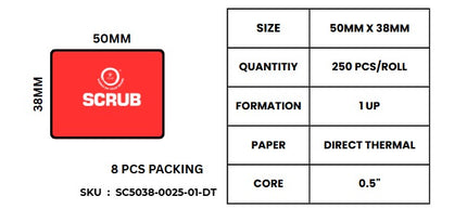 Scrub® 50X38mm Barcode Blank Label,1UP Per Row Direct Thermal,250 pcs