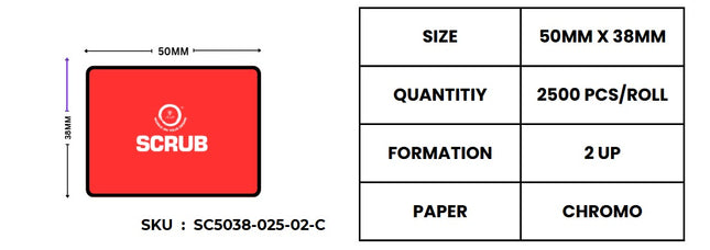 Scrub 50x38mm Barcode Blank Labels,2UP Per Row Chromo,2500 Labels in roll
