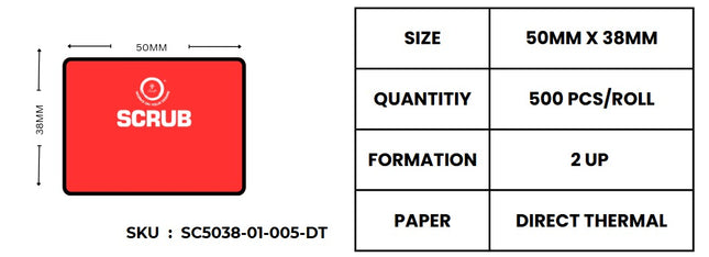 Scrub 50x38mm Barcode Blank Label,2UP Per Row Direct Thermal,500 Labels per roll
