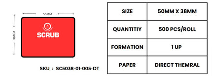 Scrub 50X38mm Barcode Labels,1UP Per Row Direct Thermal 500 Labels in roll