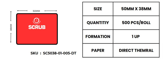 Scrub 50X38mm Barcode Labels,1UP Per Row Direct Thermal 500 Labels in roll