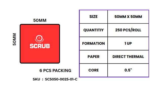 Scrub® Barcode Label  50X50 1UP 250PC Direct Thermal(6P PACK) for mobile portable label printers