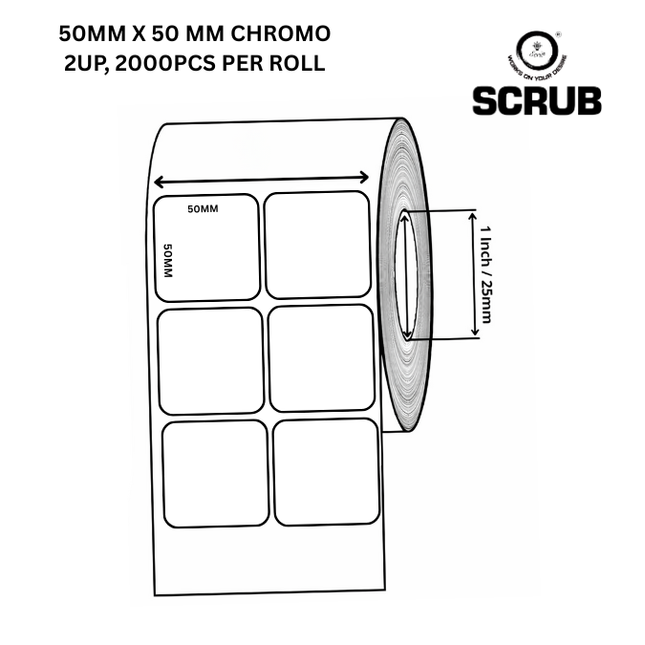 Scrub 50x50,2Up, 2000Pcs Per Roll Self Adhesive Rectangular Shape White Barcode Chromo Paper Label Sticker