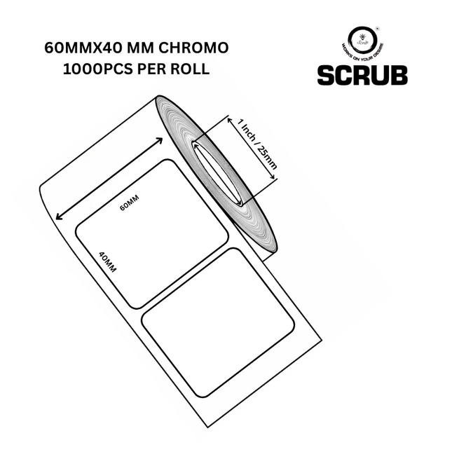 Scrub® 60x40mm Barcode Blank Label,1UP Per Row Chromo,1000 Labels per roll
