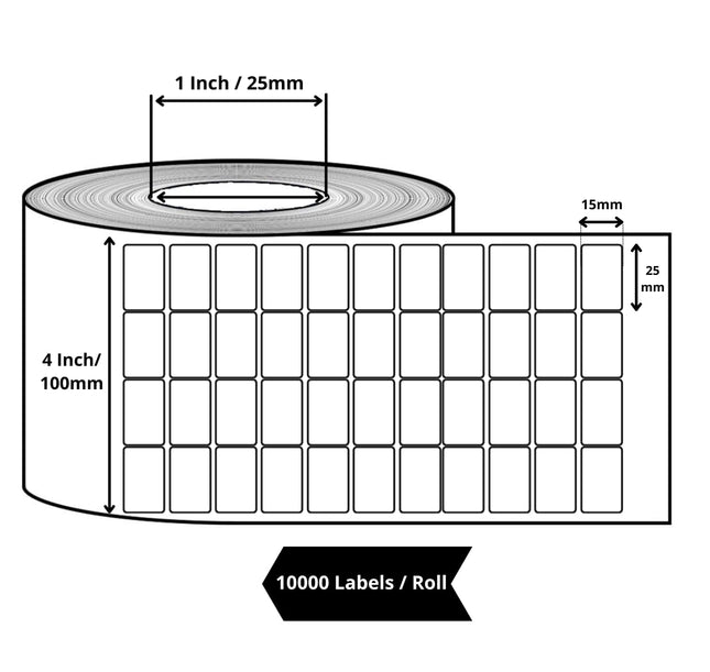 Scrub® 25x15mm Blank labels,4UP Per Row Scrub Chromo, Thermal Transfer Barcodes, 10000 labels in roll, 25x15 mm, 1inch x 0.59inch