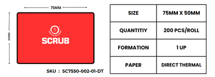 Scrub® Barcode Label 75X50 1UP 200PCS per roll DIRECT THERMAL,0.5CORE(12P PACKING)