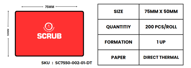 Scrub® Barcode Label 75X50 1UP 200PCS per roll DIRECT THERMAL,0.5CORE(12P PACKING)