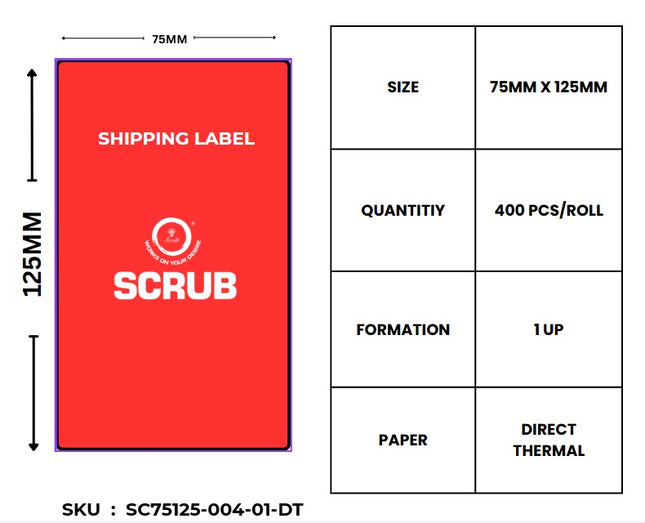 Scrub® 75x125mm Barcode Blank Label,1UP Per Row, Direct Thermal,400 Labels in roll