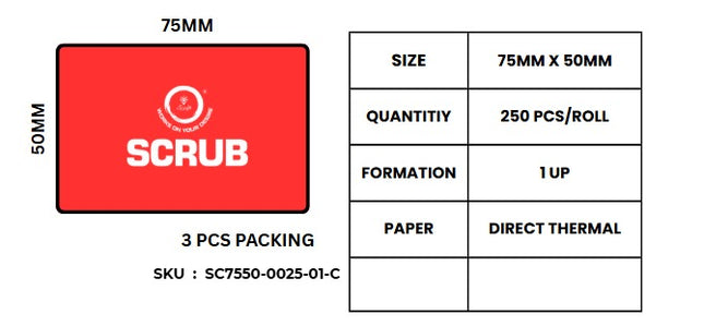 Scrub® 75x50mm Blank Labels,1UP Per Row, Direct Thermal,250 Barcodes Label (Pack of 3)